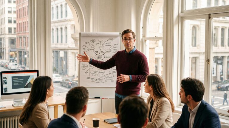 Business leader presenting strategy to a professional team