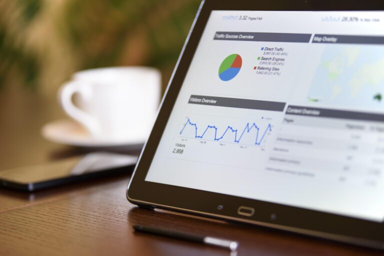 Business analytics dashboard showing financial charts and performance data